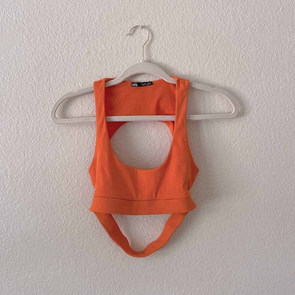 Zara Bikini Top Orange Ribbed Back Cutout Swim Top Small Beach